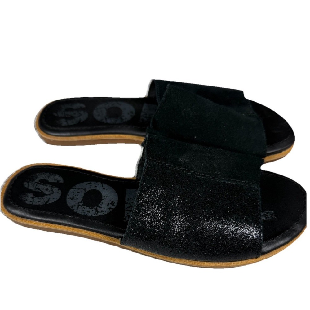 SORELSandals Women's Size 8.5 Ella Block Slide Black Leather Suede EVA Footbed - Picture 5 of 8
